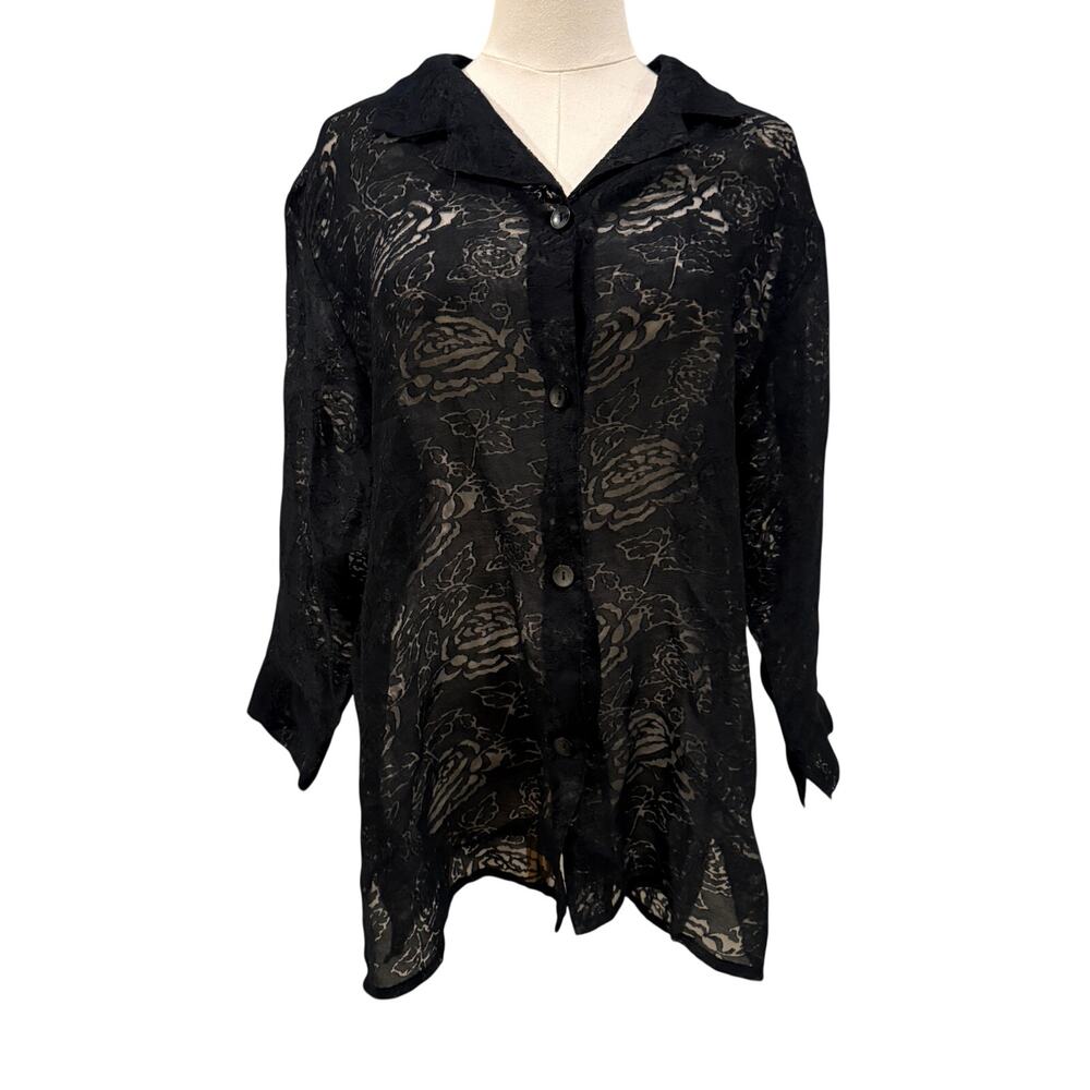 French Laundry Sheer Floral Burnout Button Blouse XL Whimsigoth Workwear Office